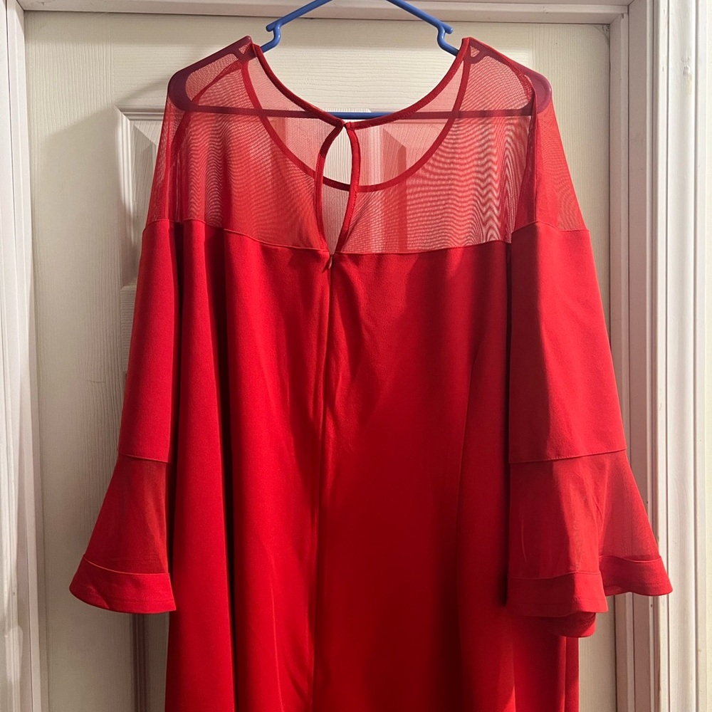 Lane Bryant Red Polyester Dress with 3/4 bell sleeves and mesh illusion neckline